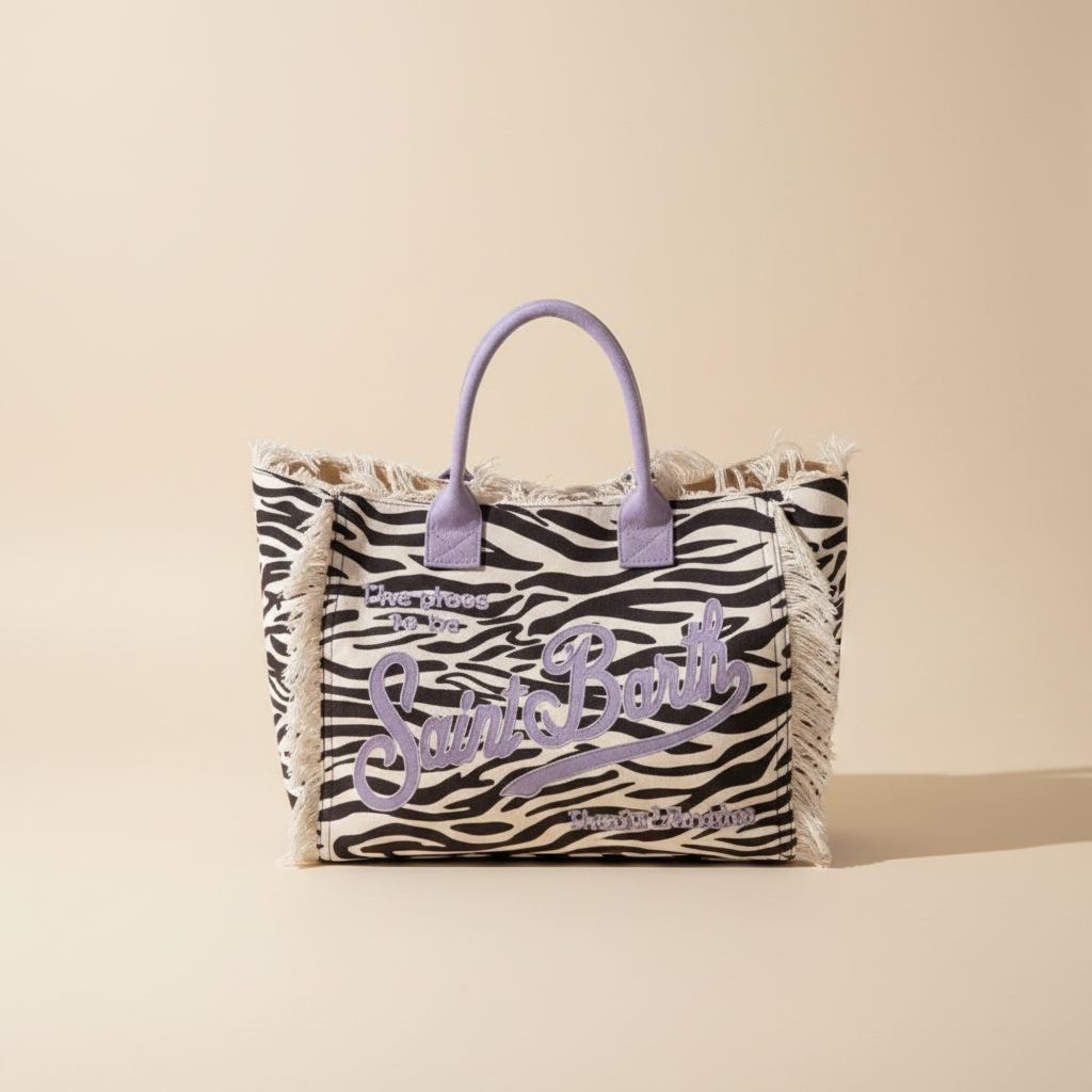 Dolce Riva - Tan Animalier Beach Bag with Lilac Handles