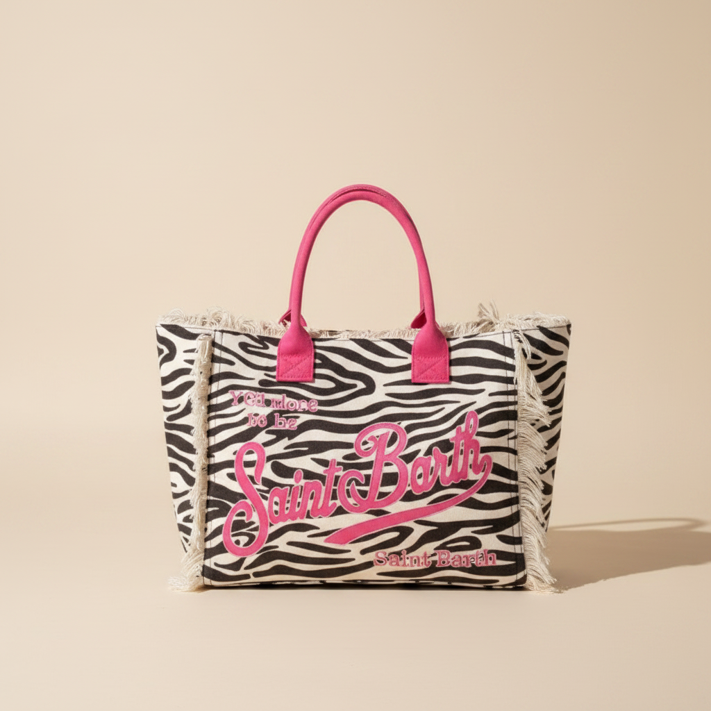Dolce Riva - Tan Animalier Beach Bag with Pink Handles