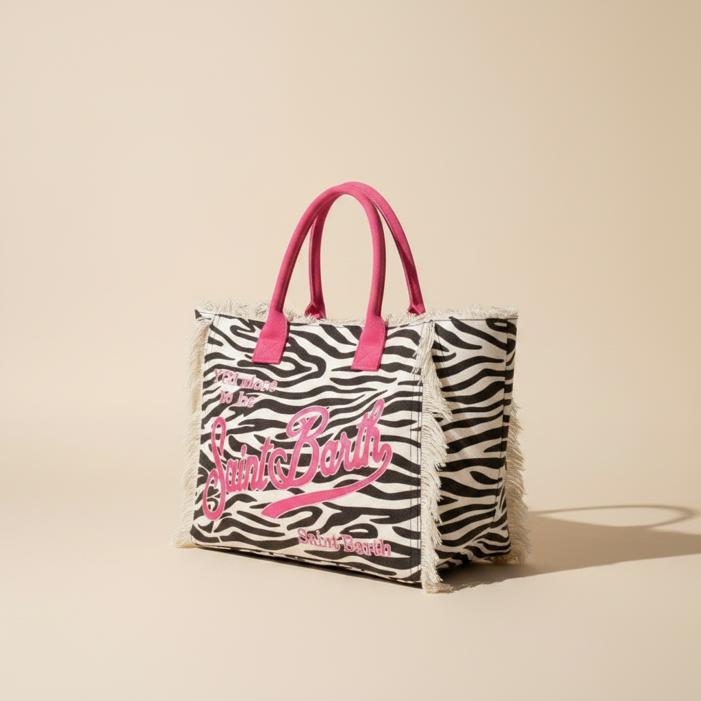 Dolce Riva - Tan Animalier Beach Bag with Pink Handles