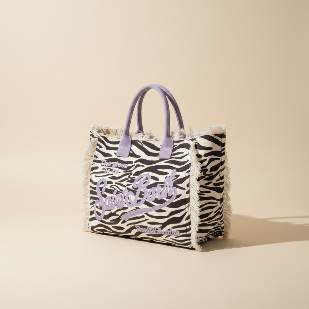 Dolce Riva - Tan Animalier Beach Bag with Lilac Handles